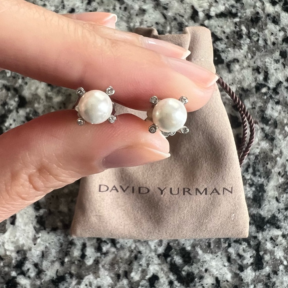 David Yurman Silver and Pearl and Diamond Stud Earrings